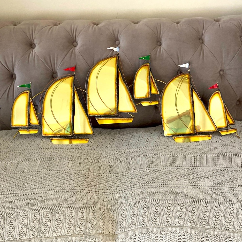 Mid Century Modern Metal Sailboat Row Wall Art Sculpture 34" L Hong Kong made